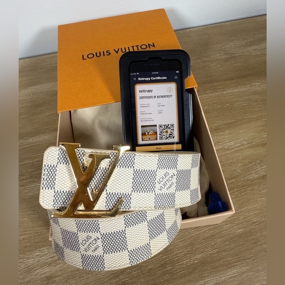 SOLD somewhere else* Louis Vuitton White Damier Azur LV Belt with Gold Buckle - Picture 1 of 5